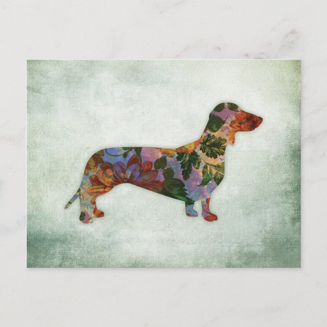 Carte Postale Dachshund Chien Floral Sur Vert (Devant)