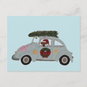 Carte Postale Dachshund dans une voiture hippie à Noël