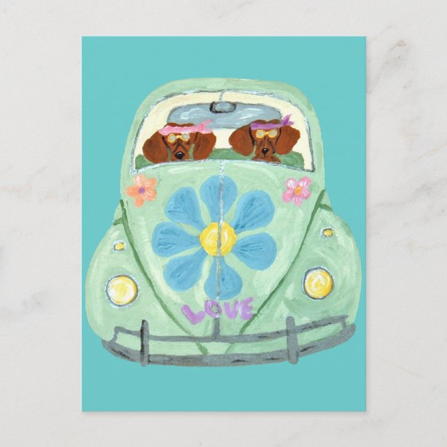Carte Postale Dachshund Hippies Dans Leur Flower Love Mobile (Devant)