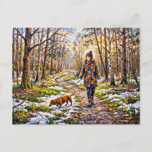 Carte Postale Dachshund marchant le long d'un chemin forestier e