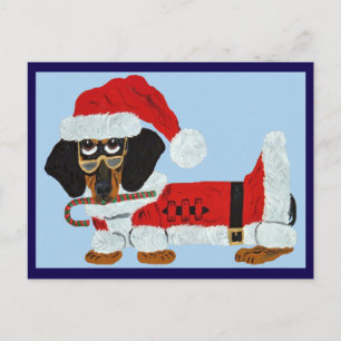 Carte Postale Dachshund noir et feu, Père Noël avec une canne de