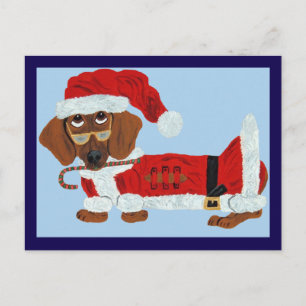 Carte Postale Dachshund Père Noël avec une Canne de Bonbon