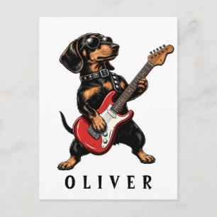 Carte Postale Dachshund Rocker Cool Chien Jouant de la Guitare É