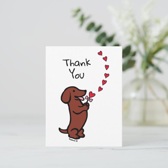 Carte Postale Dachshund roux à poil lisse Cœurs Merci (Debout devant)