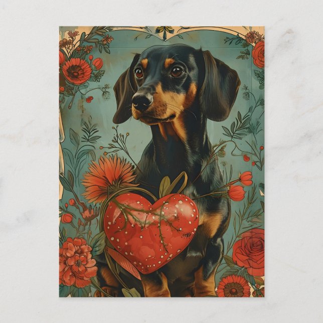 Carte Postale Dachshund Saint-Valentin Vintage (Devant)
