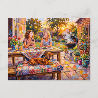 Carte Postale Dachshund se reposant à côté d'un jardin du soir e