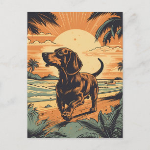 Carte Postale Dachshund sur une plage tropicale au coucher du so