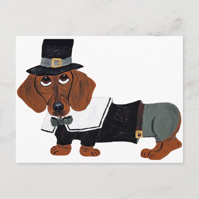 Carte Postale Dachshund Thanksgviving Pilgrim (Devant)