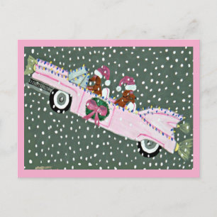 Carte Postale Dachshunds à Noël dans une décapotable rose