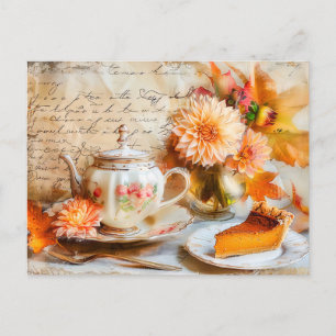 Carte Postale Dahlia Bloom with Pumkin Cake Slice and Teapot