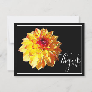 Carte Postale Dahlia Rouge Jaune Avec Merci Arrière - plan Noir