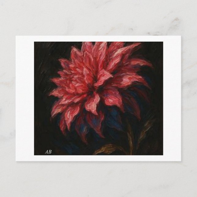 Carte Postale Dahlia rouge vibre dans l'obscurité, (Devant)
