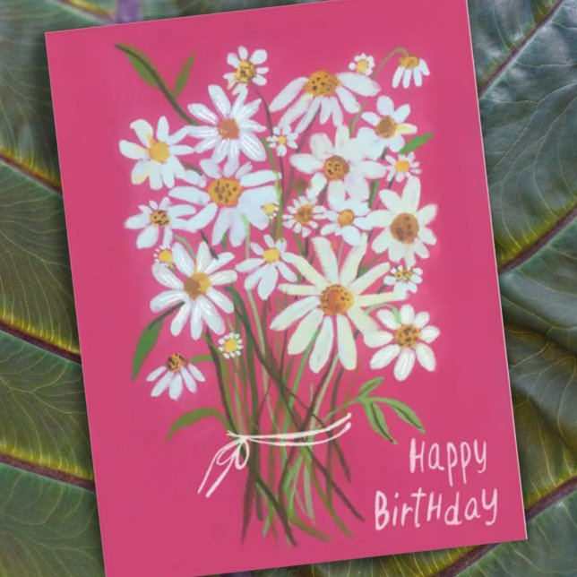 Carte Postale Daisy Bouquet Joyeux Anniversaire rose peint à la  (Créateur téléchargé)