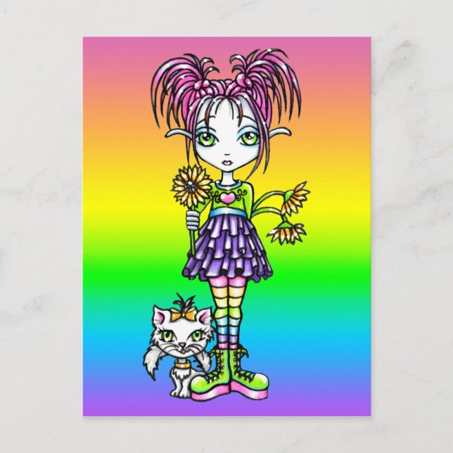 Carte postale "Daisy" Cute Chat Rainbow Flower (Devant)