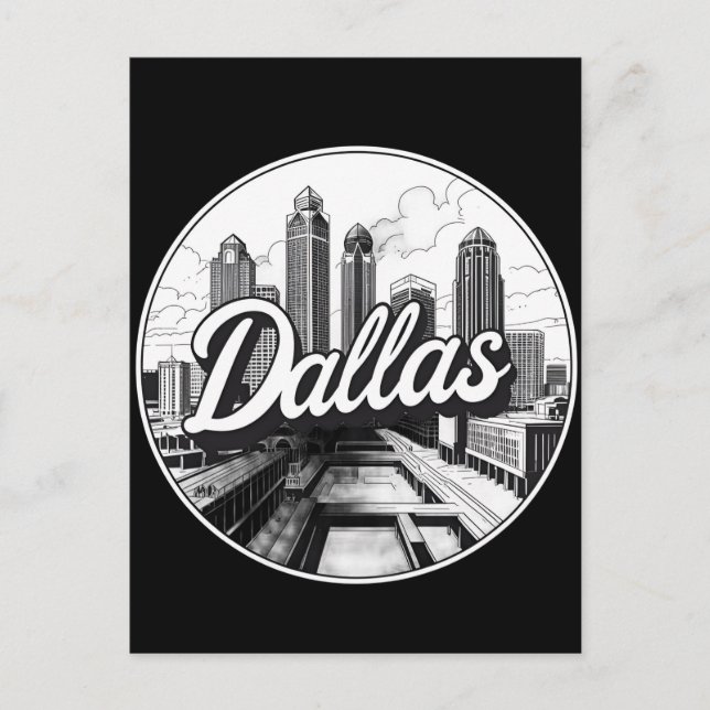 Carte Postale Dallas Texas Skyline Paysage urbain noir et blanc (Devant)