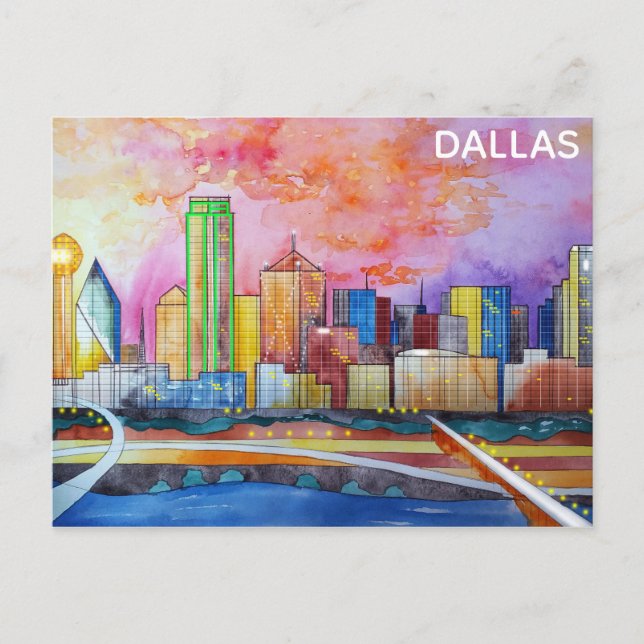 Carte Postale Dallas Texas Watercolor City Skyline (Devant)