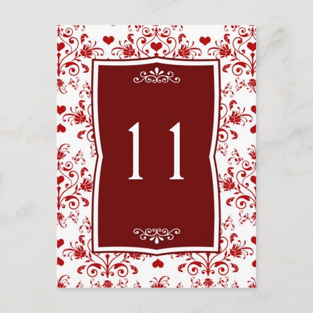 Carte Postale Damask rouge sur floral blanc, coeurs Numéro de ta (Devant)