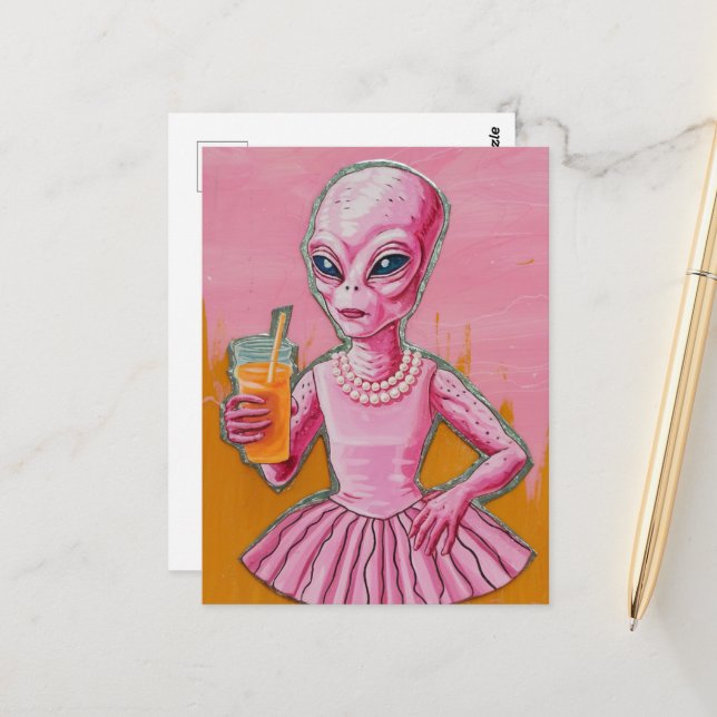 Carte Postale Dame Alien en rose avec jus d'orange (Devant/Arrière en situation)