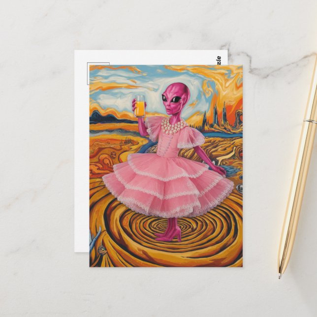 Carte Postale Dame Alien en rose avec jus d'orange (Devant/Arrière en situation)