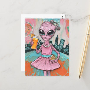 Carte Postale Dame Alien surréaliste en rose avec jus d'orange