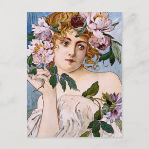 Carte Postale Dame Art Nouveau aux fleurs