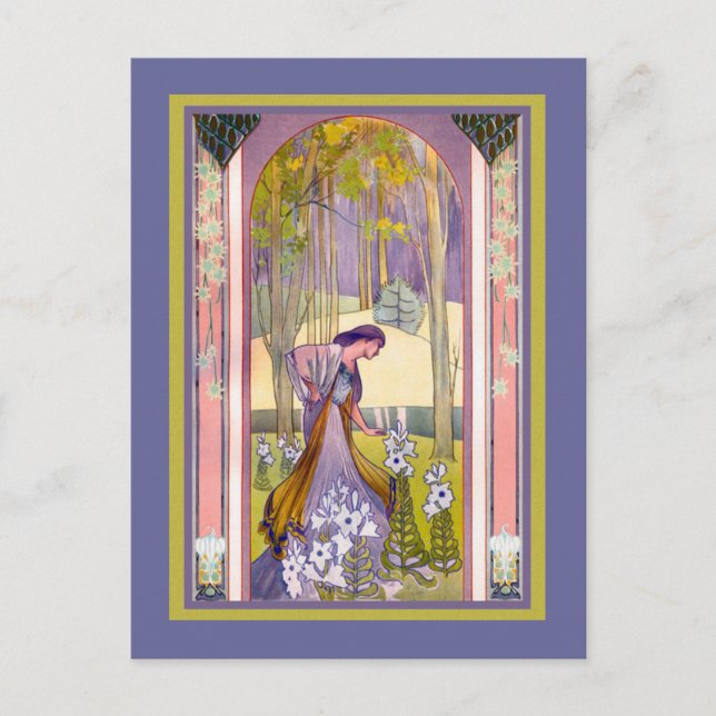 Carte Postale Dame Art nouveau dans la forêt (Devant)