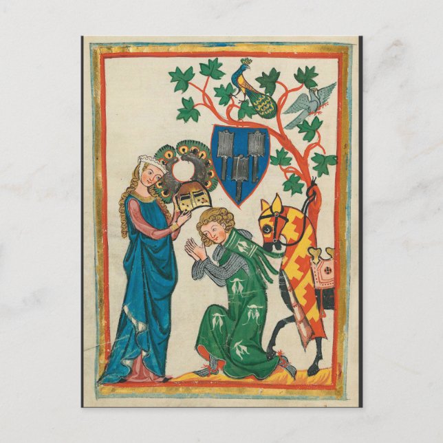 Carte Postale Dame au chevalier, manuscrit médiéval du XIVe sièc (Devant)