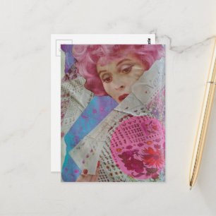 Carte Postale Dame aux cheveux roses Collage de médias mixtes