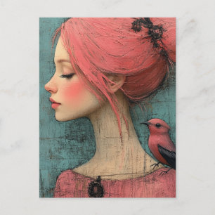 Carte Postale Dame aux cheveux roses et un oiseau sur son épaule