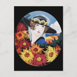 Carte Postale Dame aux fleurs de chrysanthème