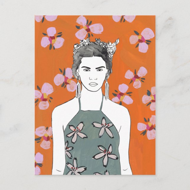 Carte Postale Dame aux fleurs roses - Orange (Devant)