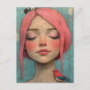Carte Postale Dame avec des cheveux roses et un oiseau sur son é