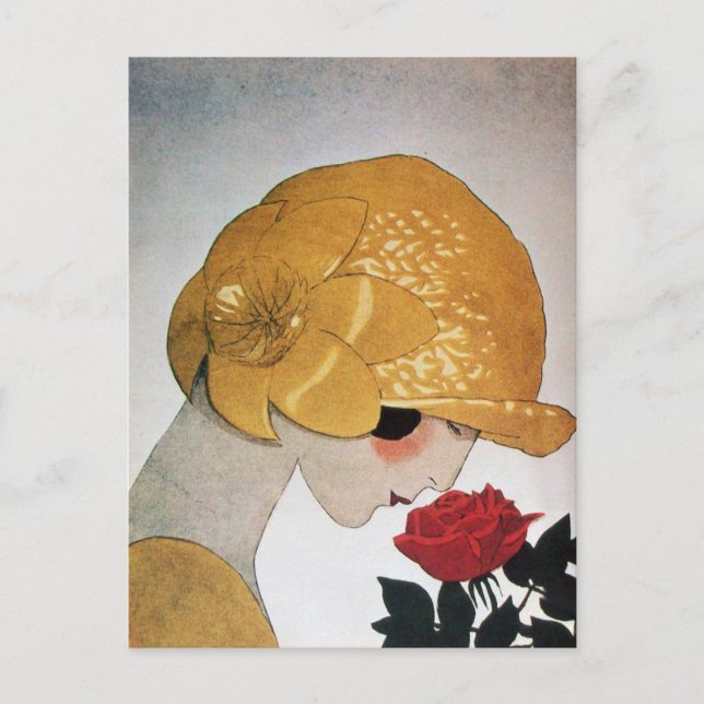CARTE POSTALE DAME AVEC ROSE ROUGE (Devant)