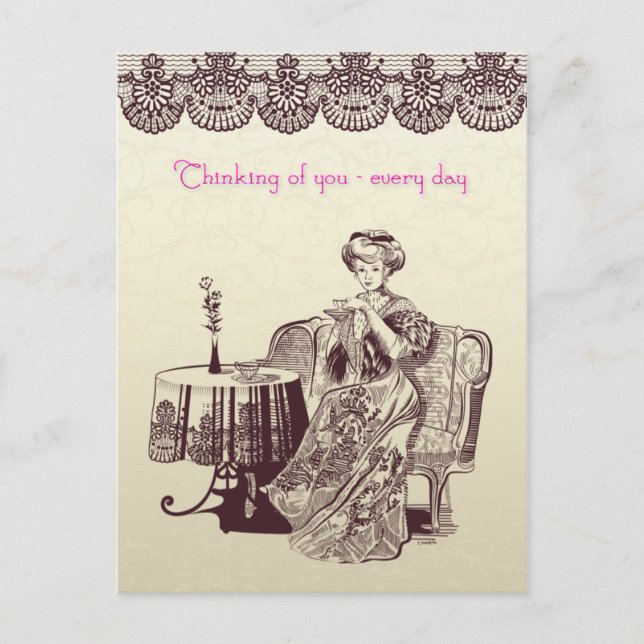 Carte Postale dame boit du thé (Devant)
