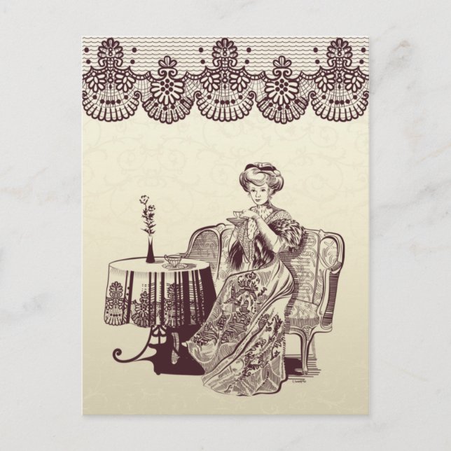 Carte Postale dame boit du thé (Devant)
