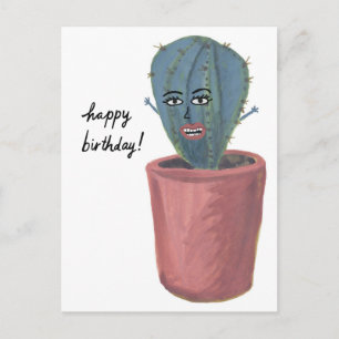 Carte Postale Dame Cactus Fou Aquarelle JOYEUX ANNIVERSAIRE