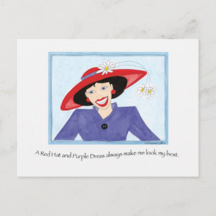 Carte Postale Dame Casquette rouge et robe violette