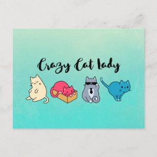 Carte Postale Dame du chat fou et 4 chats mignons