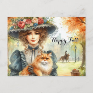 Carte Postale Dame élégante avec Chat Heureuse Chute 