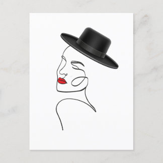 Carte Postale Dame en Casquette noir avec Red Lips Line Art