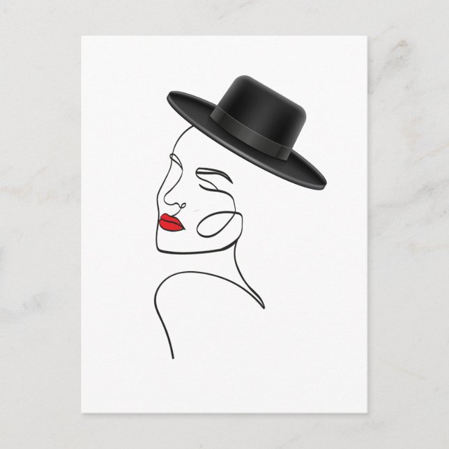 Carte Postale Dame en Casquette noir avec Red Lips Line Art (Devant)
