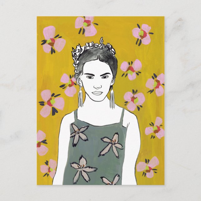 Carte Postale Dame en fleurs roses - Jaune (Devant)