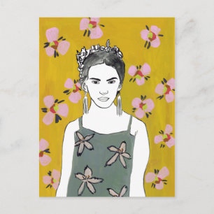 Carte Postale Dame en fleurs roses - Jaune