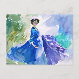 Carte Postale Dame en Robe Bleue - Peinture aquarelle