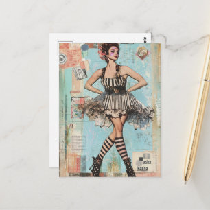 Carte Postale Dame en robe de mode noir et blanc Collage
