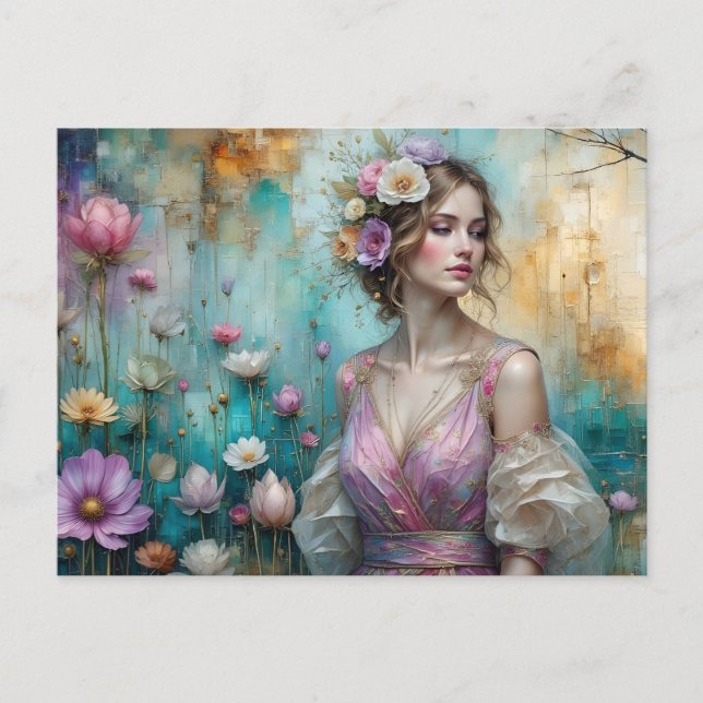 Carte Postale Dame en rose, texturé paysage floral or turquoise (Devant)
