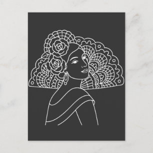 Carte Postale Dame espagnole flamenco avec éventail dessin à l'e