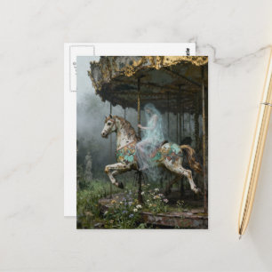 Carte Postale Dame fantôme sur un cheval de carrousel abandonné 
