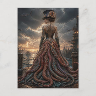 Carte Postale Dame Poulpe Steampunk Avec Requins Volants
