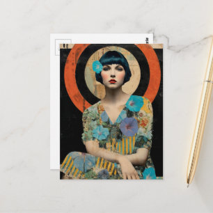 Carte Postale Dame Rétro et Fleurs de Gloire du Matin